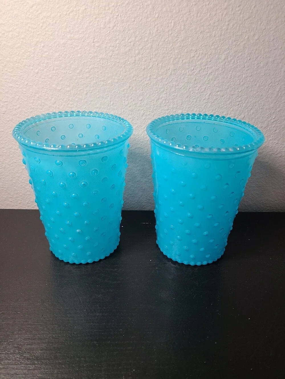 Blue Bubble Glass Candle Holders Set 2 Hobnail Turquoise Aqua Decorative 5